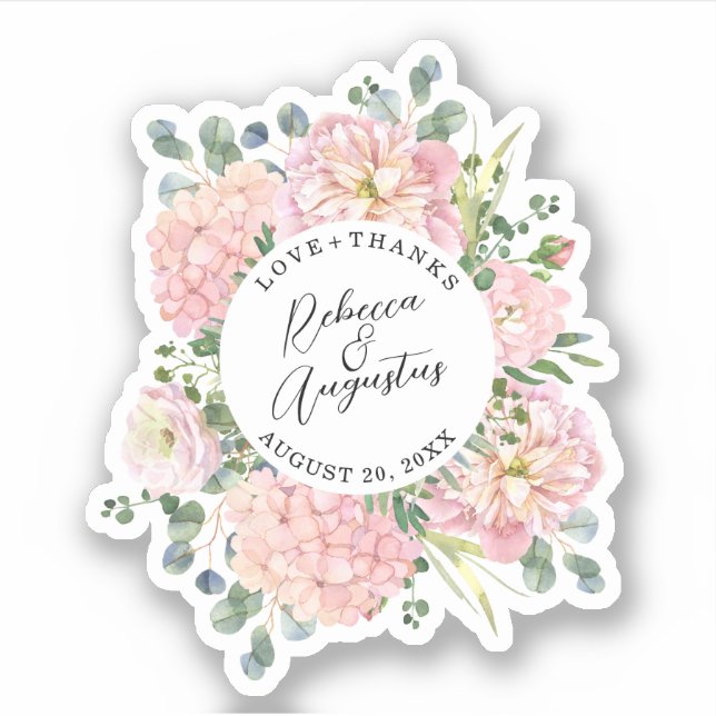 Hydrangea Rose Pink Watercolor Floral Thank You Sticker (Front)