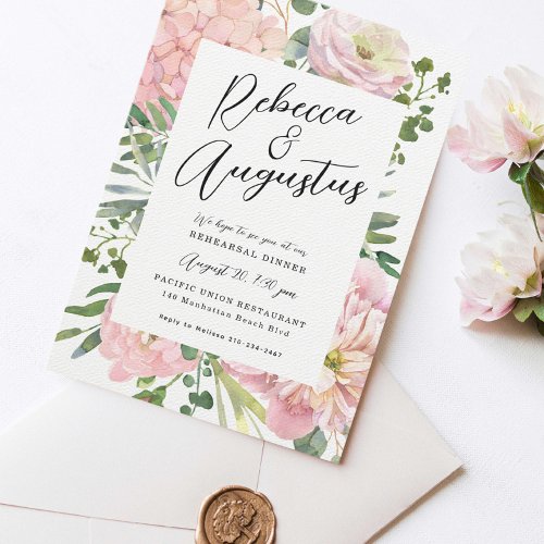 Hydrangea Rose Pink Watercolor Floral Wedding Invitation