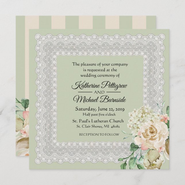 Hydrangea Roses Floral Lace Sage Green Wedding Invitation (Front/Back)