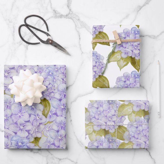 Hydrangea Shades Of Violet Blue Wrapping Paper Sheets (Front)