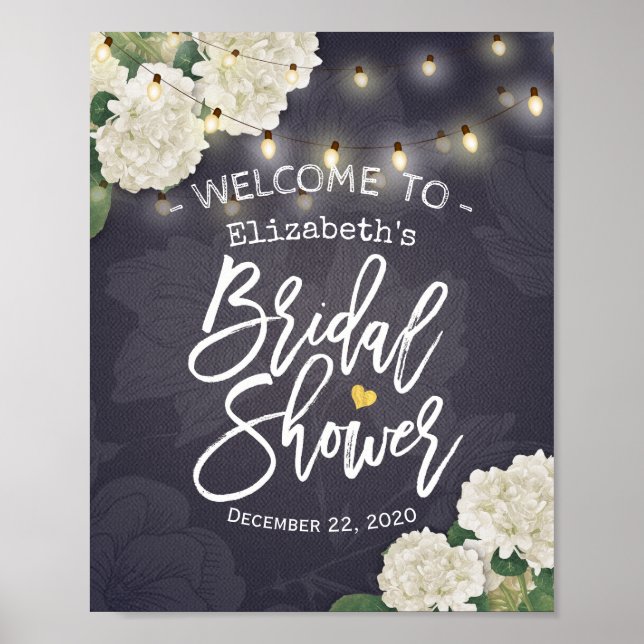 Hydrangea String Lights Bridal Shower Welcome Sign (Front)