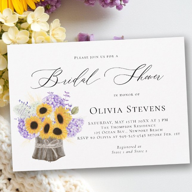 Hydrangea Sunflowers Lilac Rustic Bridal Shower Invitation (bridal shower invitation sunflower lilac hydrangea rustic elegant barn outdoors garden backyard)