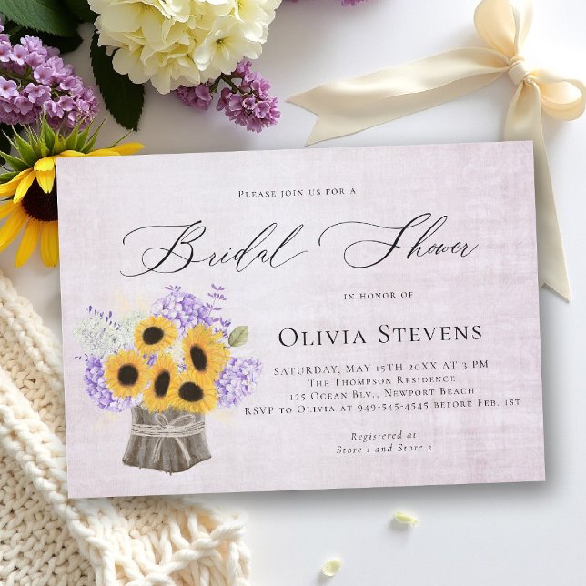 Hydrangea Sunflowers Lilac Vintage Bridal Shower Invitation (bridal shower invitation sunflower lilac hydrangea elegant barn outdoors garden backyard rustic)