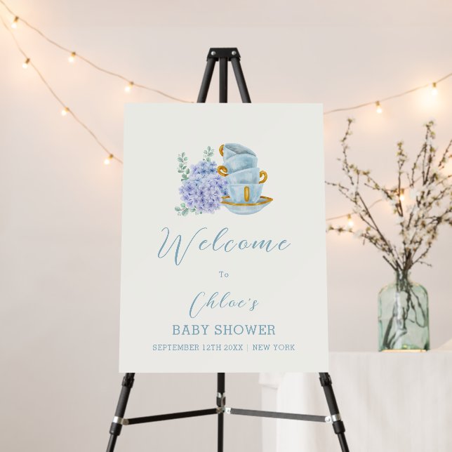 Hydrangea Tea Brewing Baby Shower Welcome Sign (In Situ (Stand))