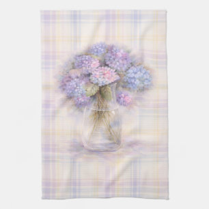 Hydrangea Tea Towel   Pastel Plaid Kitchen Decor