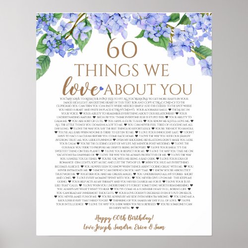 hydrangea things we love you 60 things birthday poster