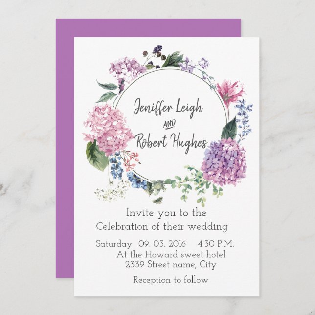 Hydrangea ultra violet flower wreath wedding invitation (Front/Back)