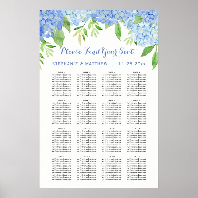  Hydrangea Watercolor Floral Wedding Seating Chart (Front)