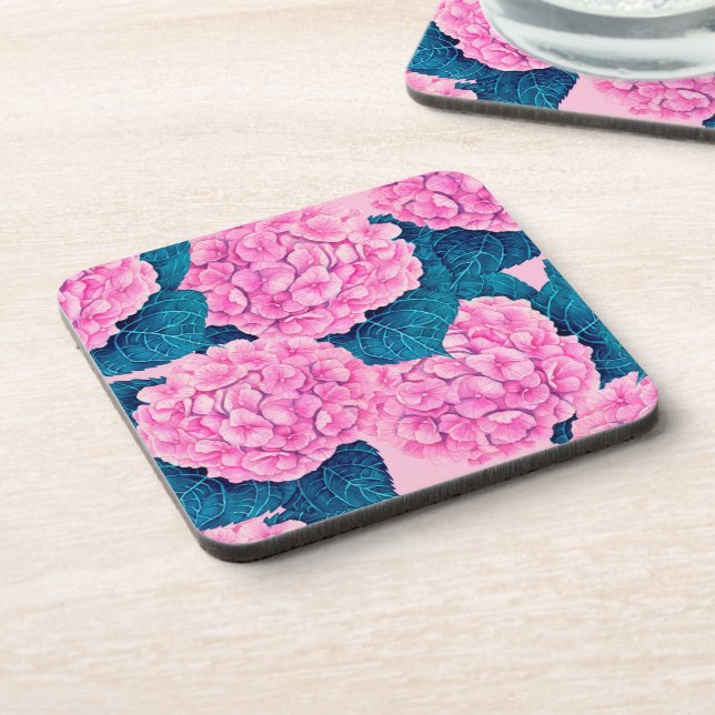 Hydrangea watercolor pattern, pink and blue beverage coaster (Left Side)