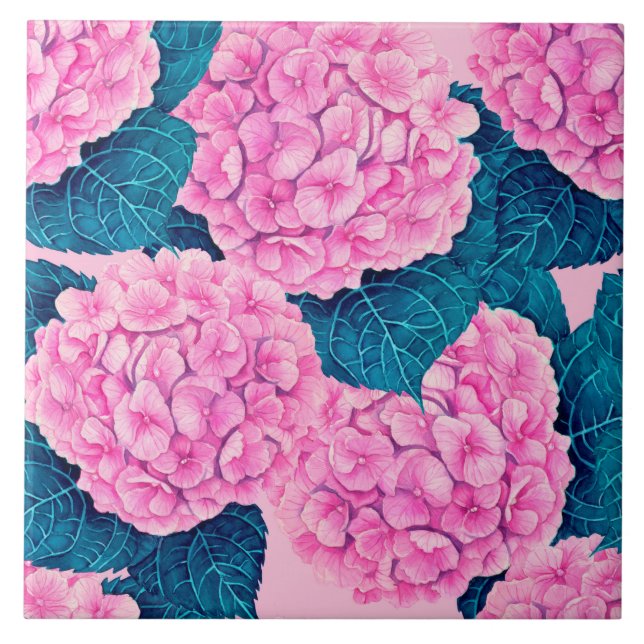 Hydrangea watercolor pattern, pink and blue ceramic tile (Front)