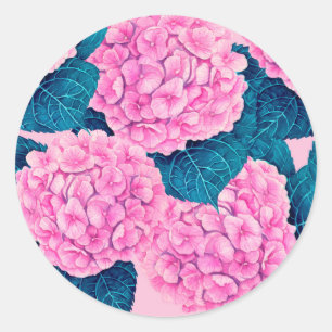 Hydrangea watercolor pattern, pink and blue classic round sticker
