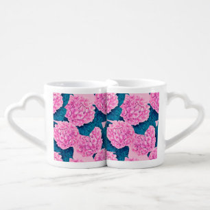 Hydrangea watercolor pattern, pink and blue coffee mug set