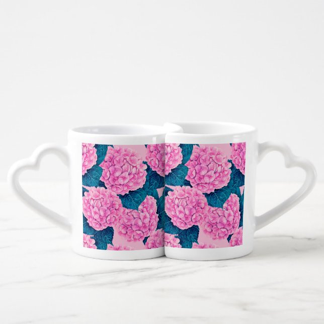 Hydrangea watercolor pattern, pink and blue coffee mug set (Front Nesting)