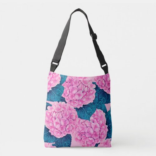 Hydrangea watercolor pattern pink and blue crossbody bag