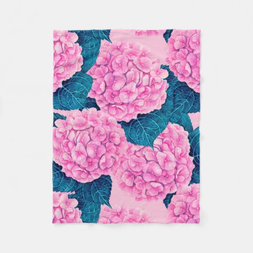 Hydrangea watercolor pattern pink and blue fleece blanket