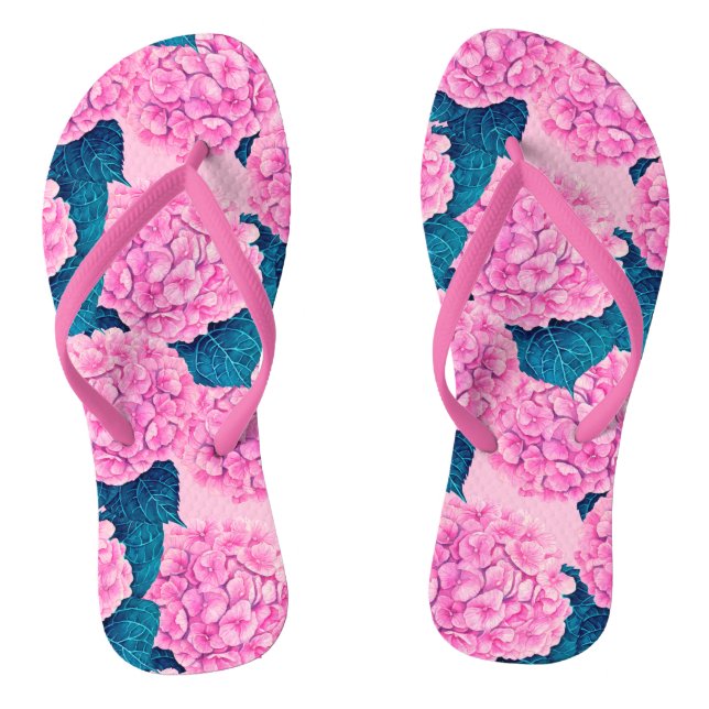 Hydrangea watercolor pattern, pink and blue flip flops (Footbed)