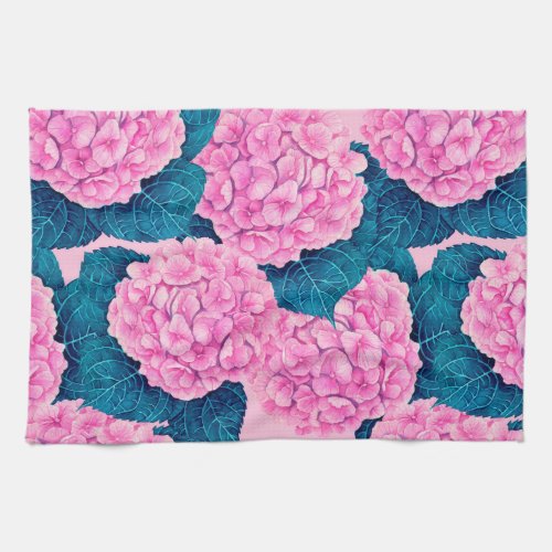 Hydrangea watercolor pattern pink and blue kitchen towel