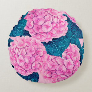 Hydrangea watercolor pattern, pink and blue round pillow