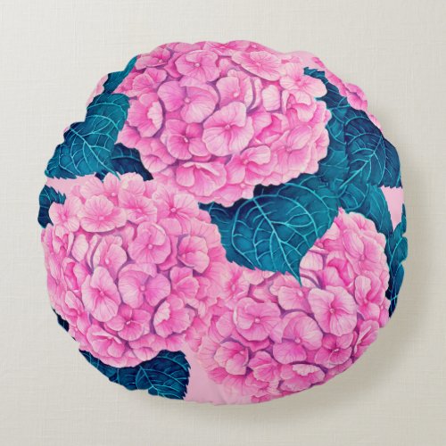 Hydrangea watercolor pattern pink and blue round pillow