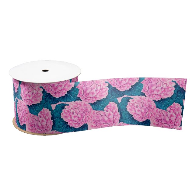 Hydrangea watercolor pattern, pink and blue satin ribbon (Spool)