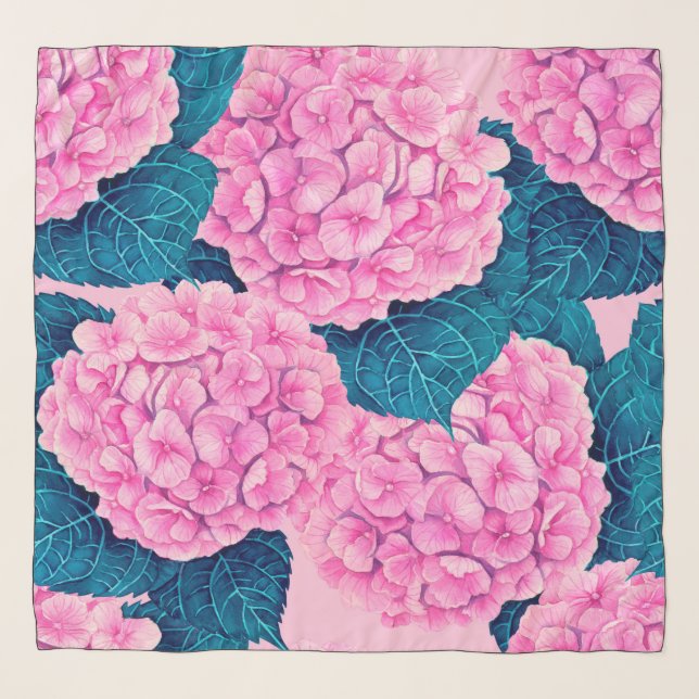 Hydrangea watercolor pattern, pink and blue scarf (Front)