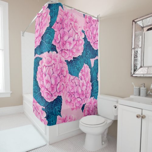 Hydrangea watercolor pattern pink and blue shower curtain