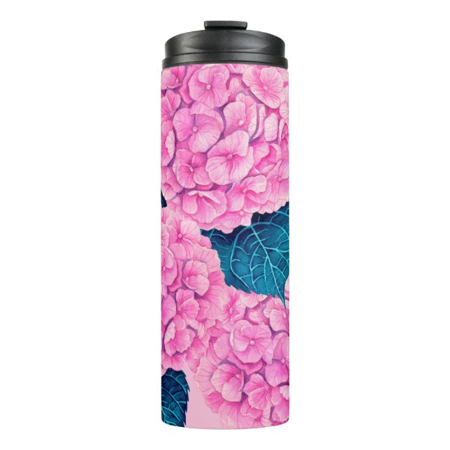 Hydrangea watercolor pattern, pink and blue thermal tumbler (Front)