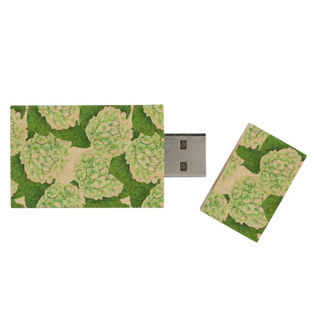 Hydrangea watercolor pattern wood flash drive (Opened)