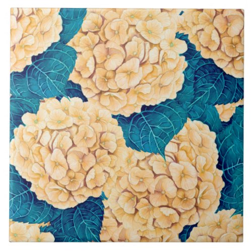 Hydrangea watercolor pattern yellow and blue ceramic tile