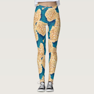 Hydrangea watercolor pattern, yellow and blue leggings