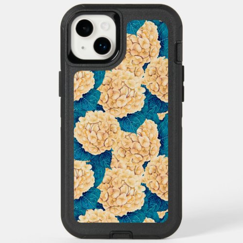 Hydrangea watercolor pattern yellow and blue OtterBox iPhone 14 plus case