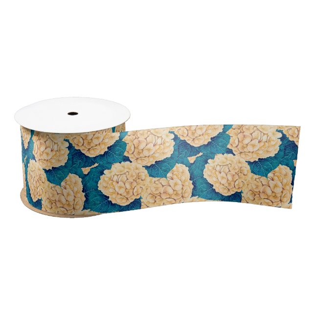 Hydrangea watercolor pattern, yellow and blue satin ribbon (Spool)