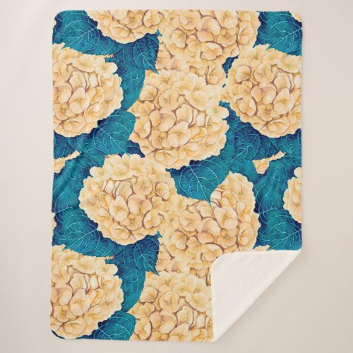 Hydrangea watercolor pattern yellow and blue sherpa blanket