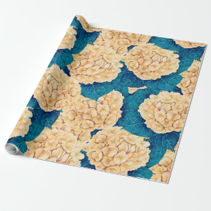 Hydrangea watercolor pattern, yellow and blue wrapping paper