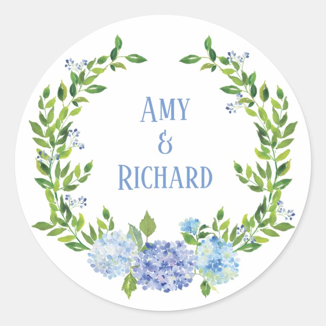 Hydrangea Watercolor Wreath Name Classic Round Sticker (Front)