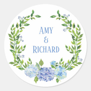 Hydrangea Watercolor Wreath Name Classic Round Sticker