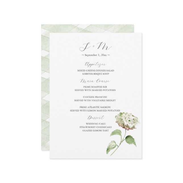 Hydrangea Wedding Table Decor | Menu (Front/Back In Situ)