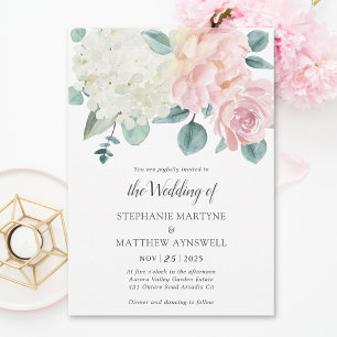 Hydrangea White Elegant Dusty Rose Peony Wedding Invitation