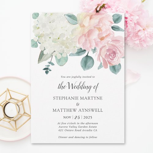 Hydrangea White Elegant Dusty Rose Peony Wedding Invitation
