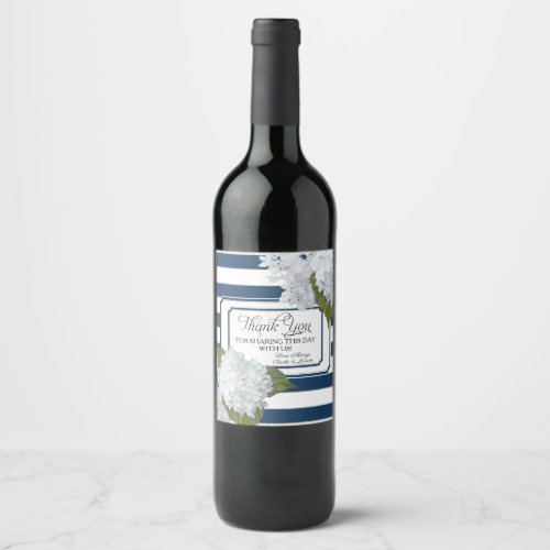 Hydrangea White Floral Modern Elegant Navy Stripe Wine Label