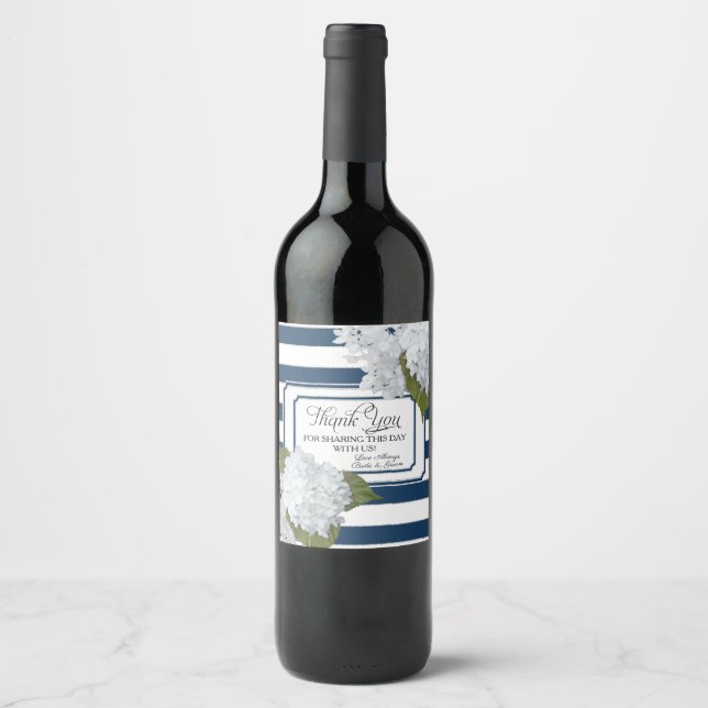 Hydrangea White Floral Modern Elegant Navy Stripe Wine Label (Front)