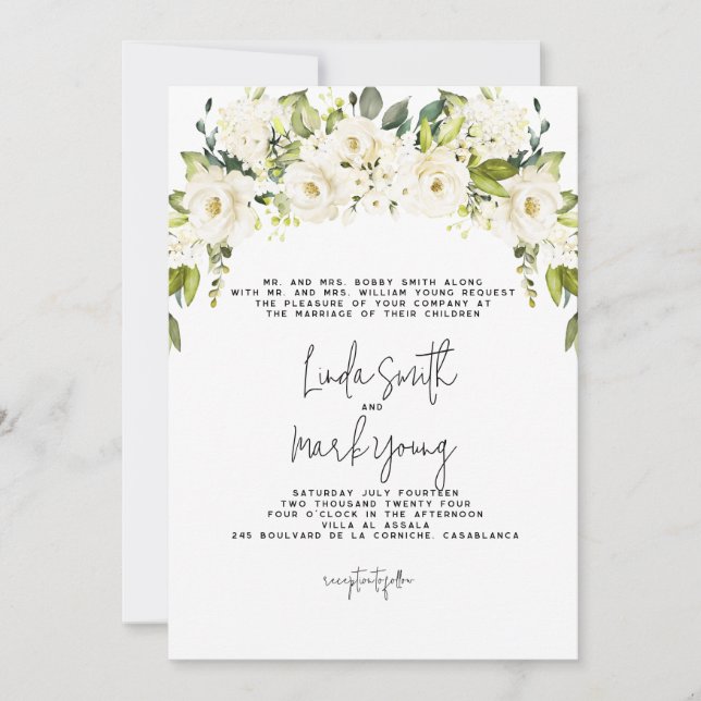 Hydrangea, White Floral, Wedding Invitation (Front)