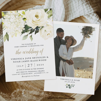 Hydrangea White Rose Garden Greenery Photo Wedding Invitation by RusticWeddings at Zazzle