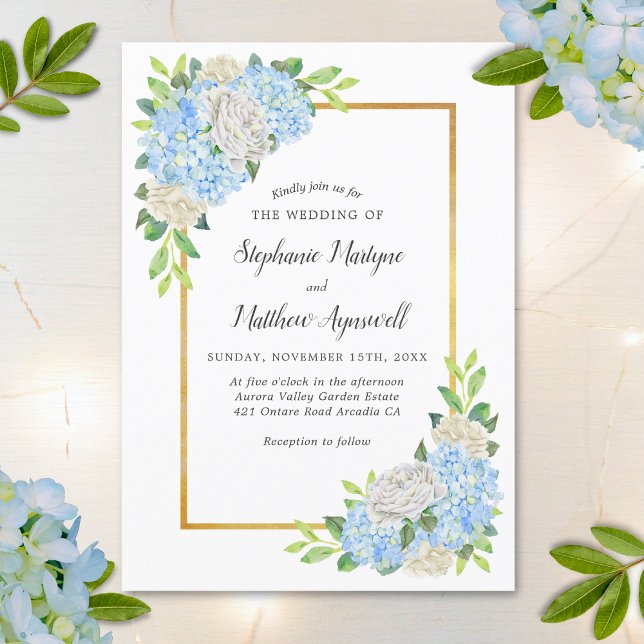 Hydrangea White Rose Gold Watercolor Wedding Invitation (Creator Uploaded)