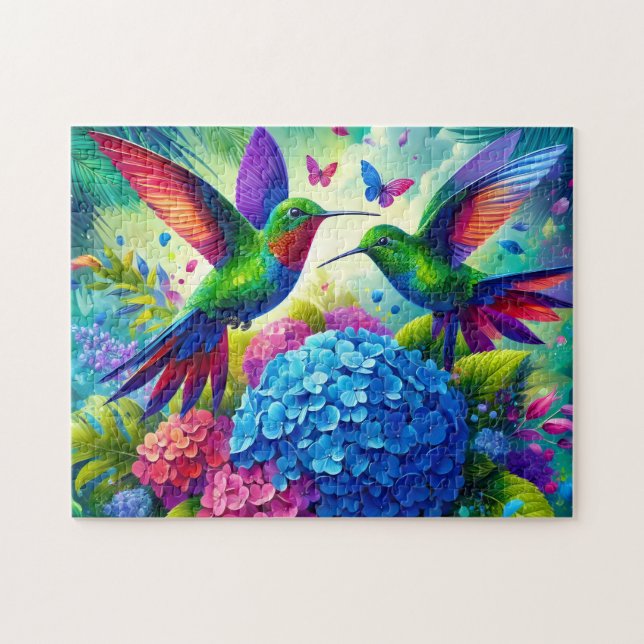 Hydrangea With Hummingbird Pair Jigsaw Puzzle (Horizontal)