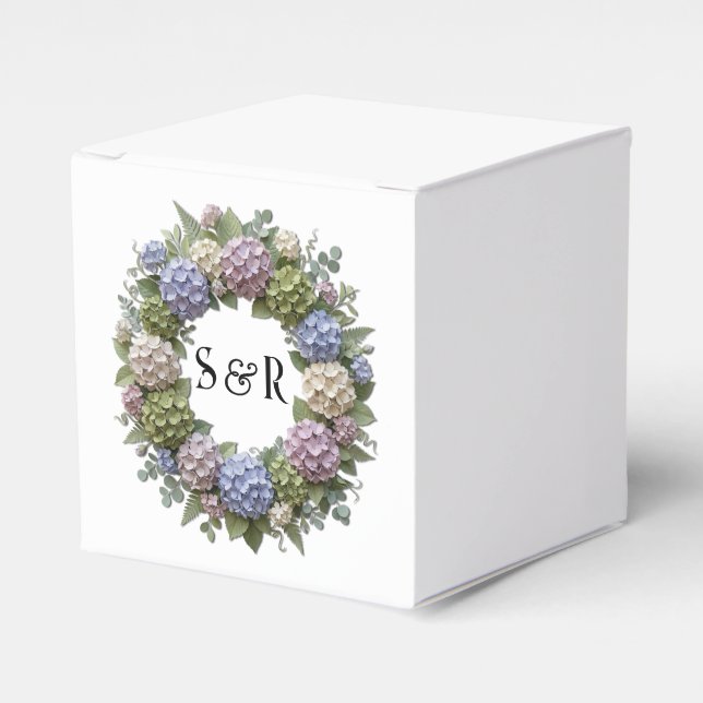Hydrangea Wreath Monogram Wedding Favor Box (Front Side)