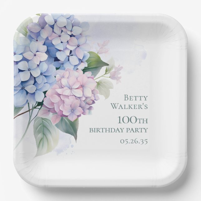 Hydrangeas 100th Birthday Party Paper Plates (Front)