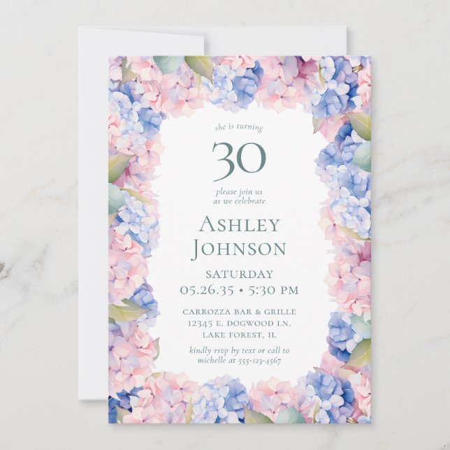 Hydrangeas 30th Birthday Party Invitation (Front)