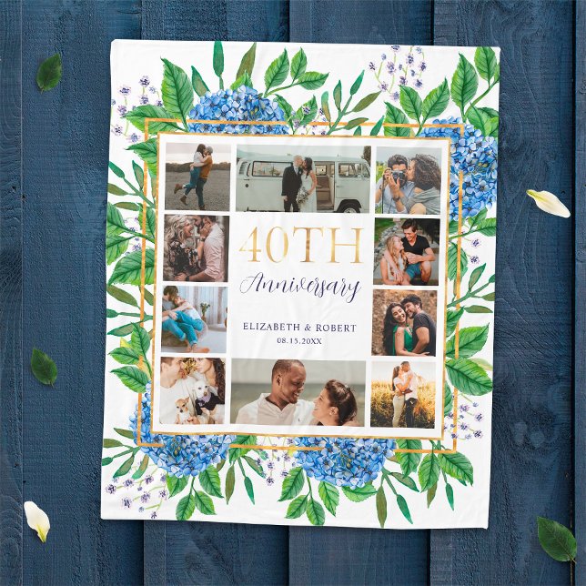 Hydrangeas 40th Anniversary Custom Photo Collage Fleece Blanket (Creator Uploaded)