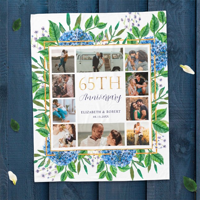 Hydrangeas 65th Anniversary Custom Photo Collage Fleece Blanket (Creator Uploaded)